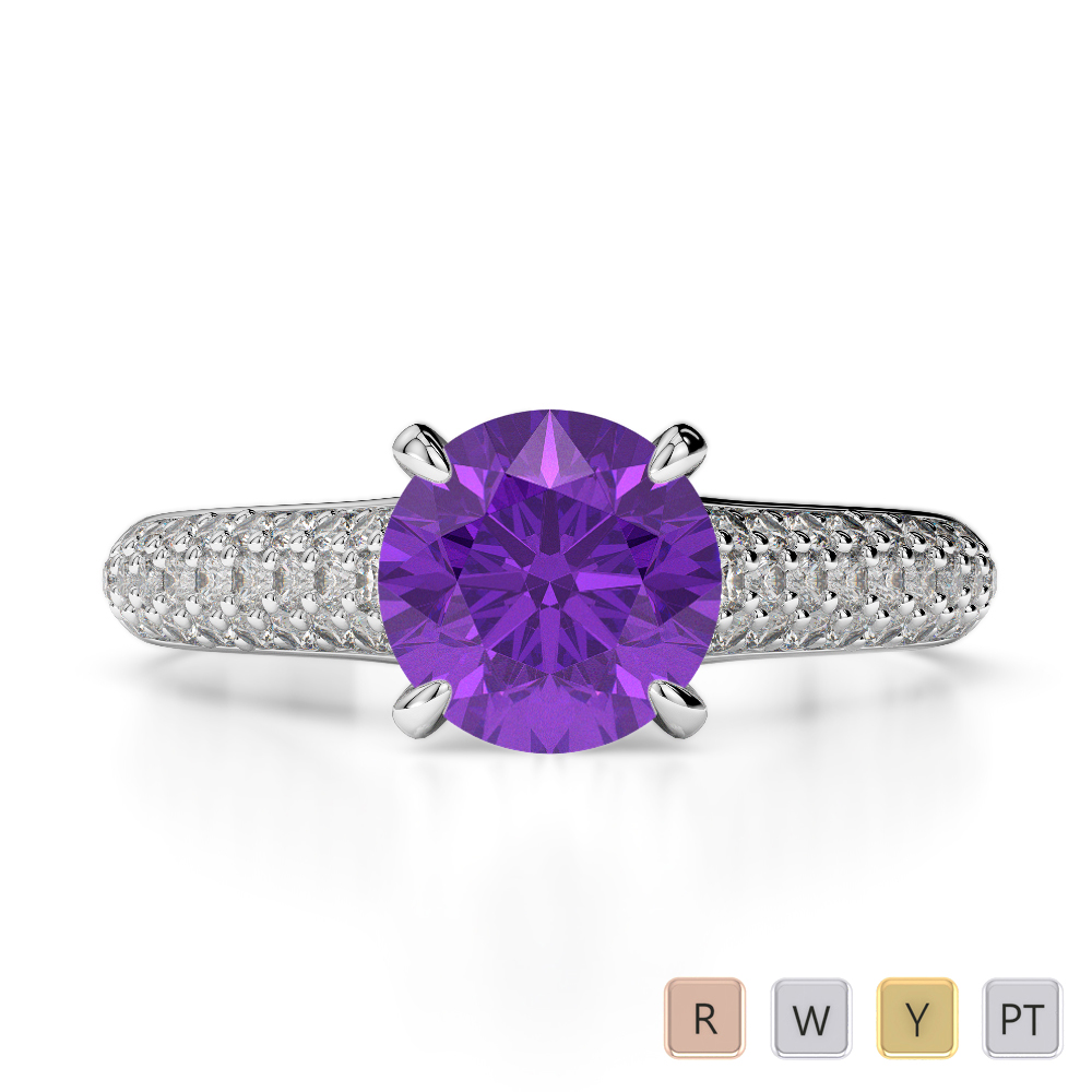 Prong Set Engagement Ring With Amethyst and Diamond in Gold / Platinum ATZR-0201