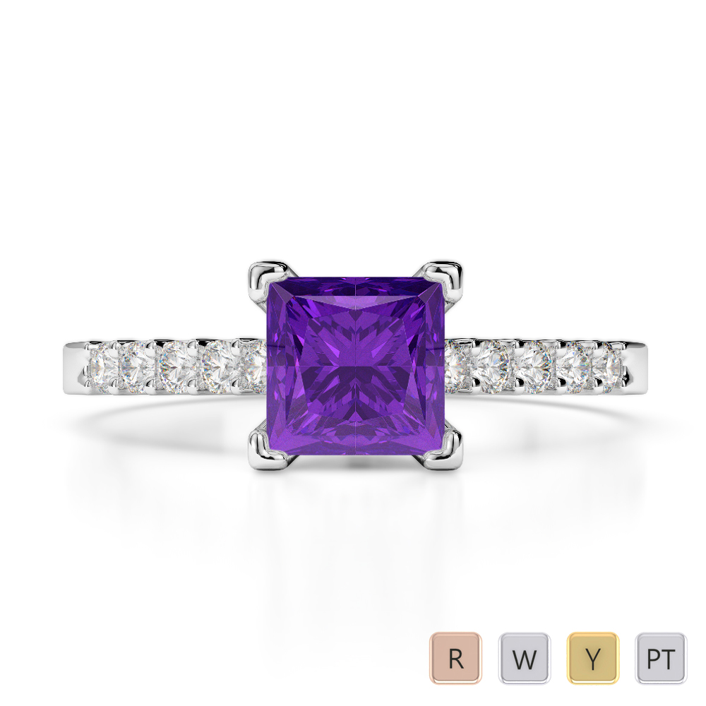 Princess Amethyst and Round Diamond Engagement Ring With Diamond 0208