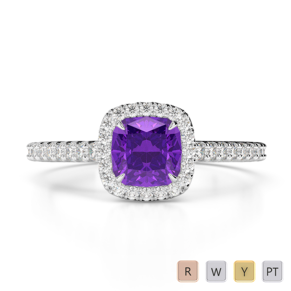 Cushion Cut Amethyst and Round Diamond Engagement Ring 0210