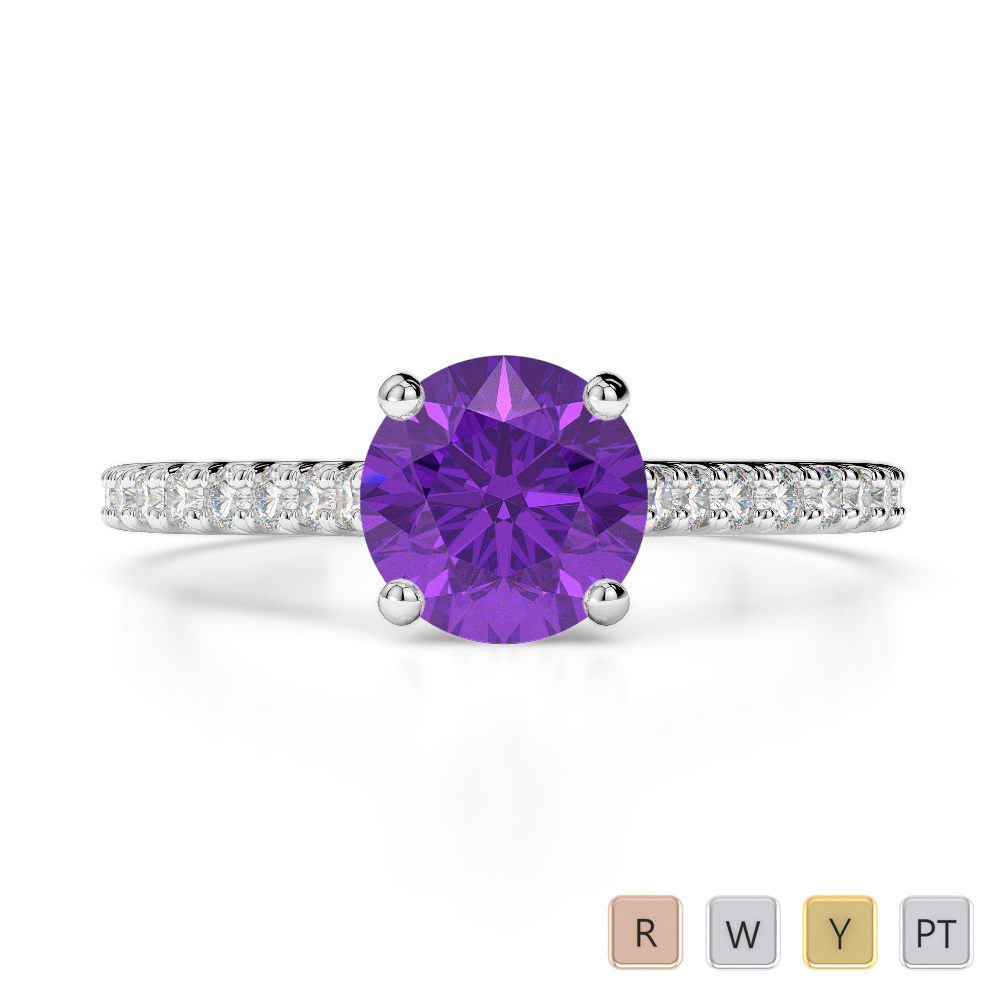 Round Cut Diamond and Amethyst Engagement Ring in Gold / Platinum ATZR-0211