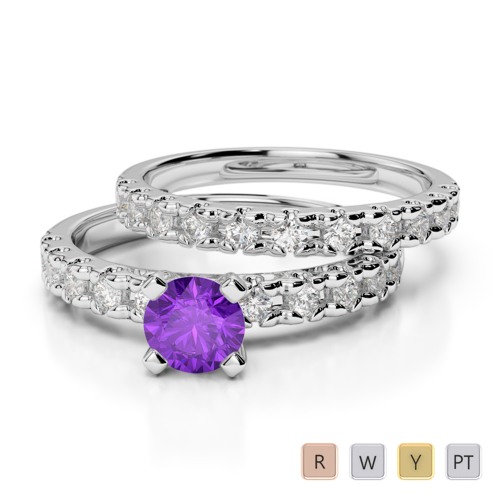 Round Cut Bridal Set Ring With Diamond and Amethyst in Gold / Platinum ATZR-0299