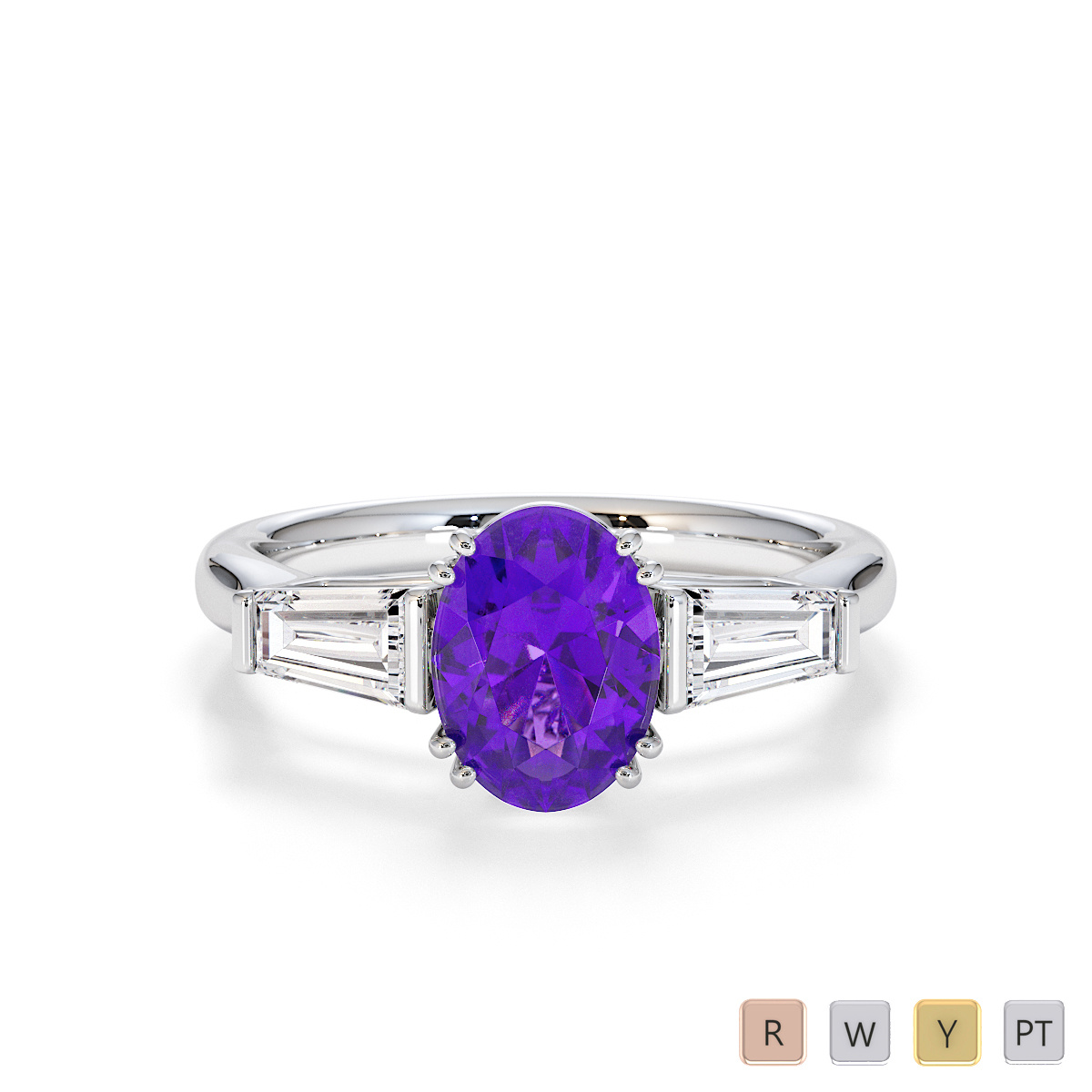 Oval Shape Amethyst and Tapered Baguette Diamond Ring 0783
