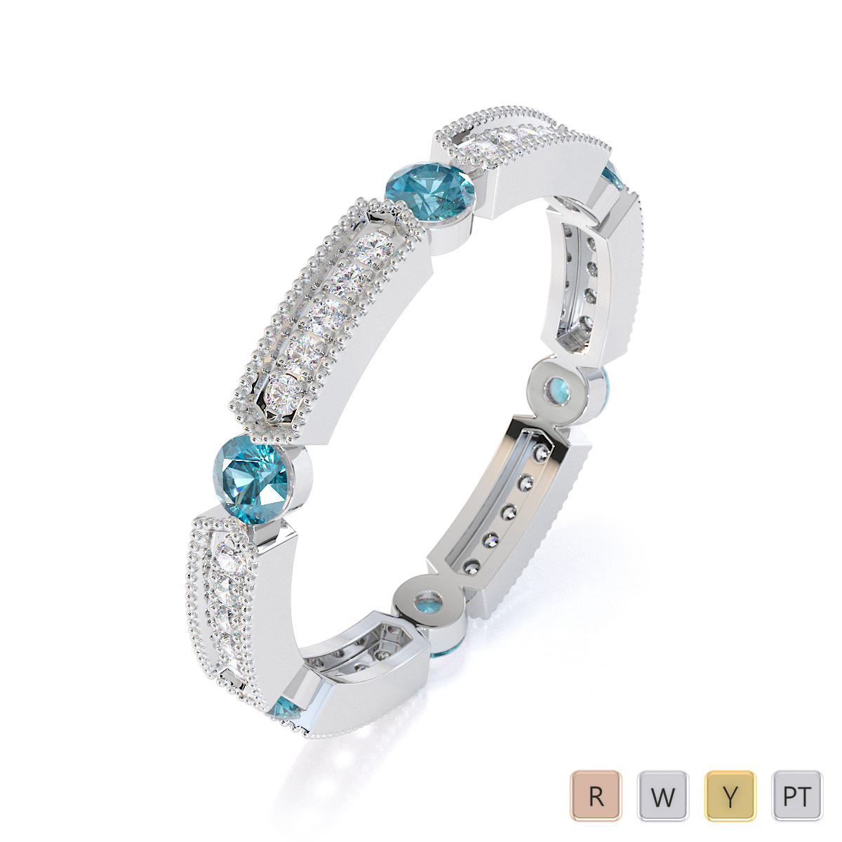 Milgrain Prong Set Diamond & Bezel Set Aquamarine Full Eternity Ring 0424