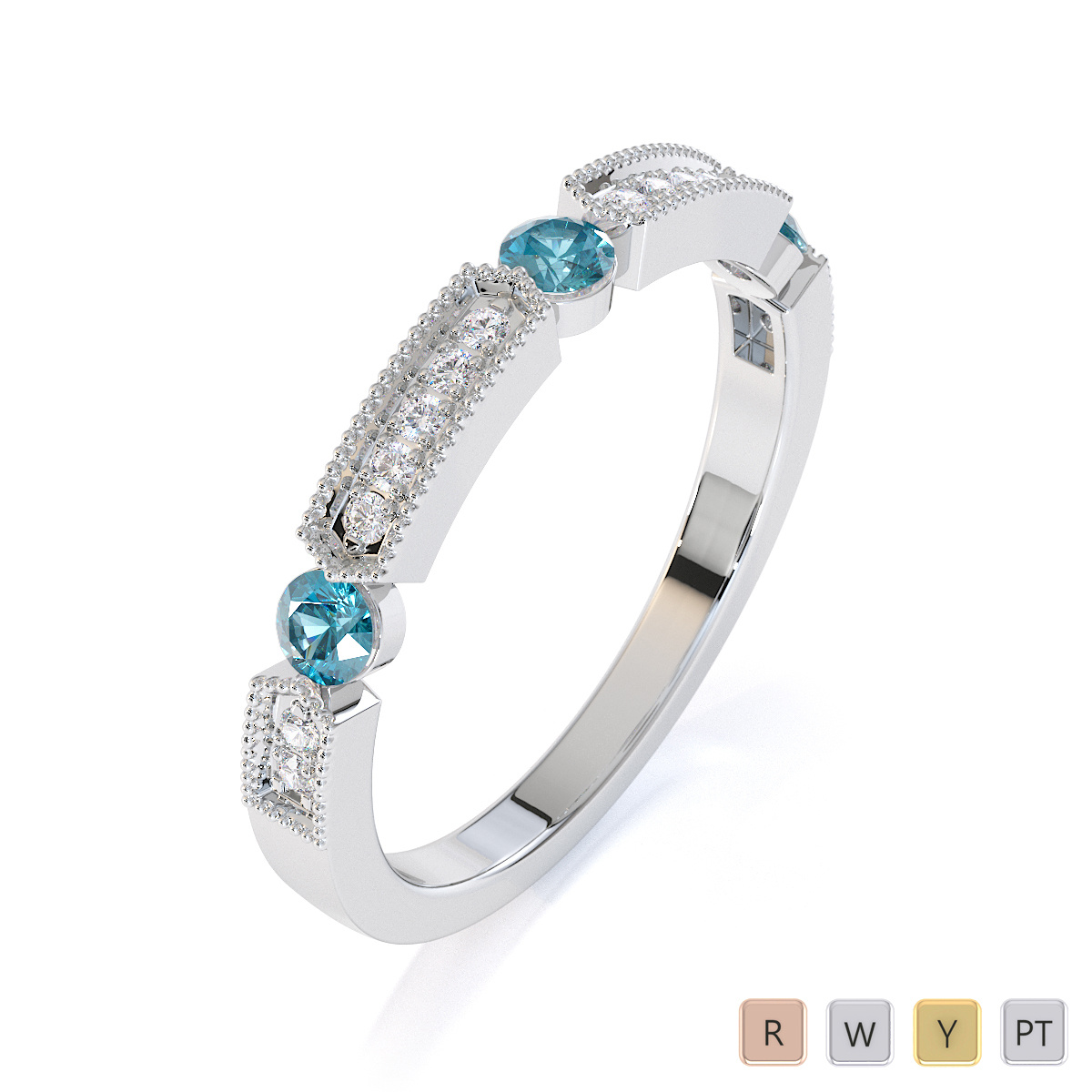Milgrain Round Cut Diamond and Aquamarine Half Eternity Ring 0425