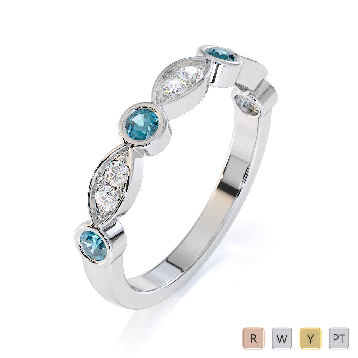 Round Cut Aquamarine and Diamond Half Eternity Ring 0435