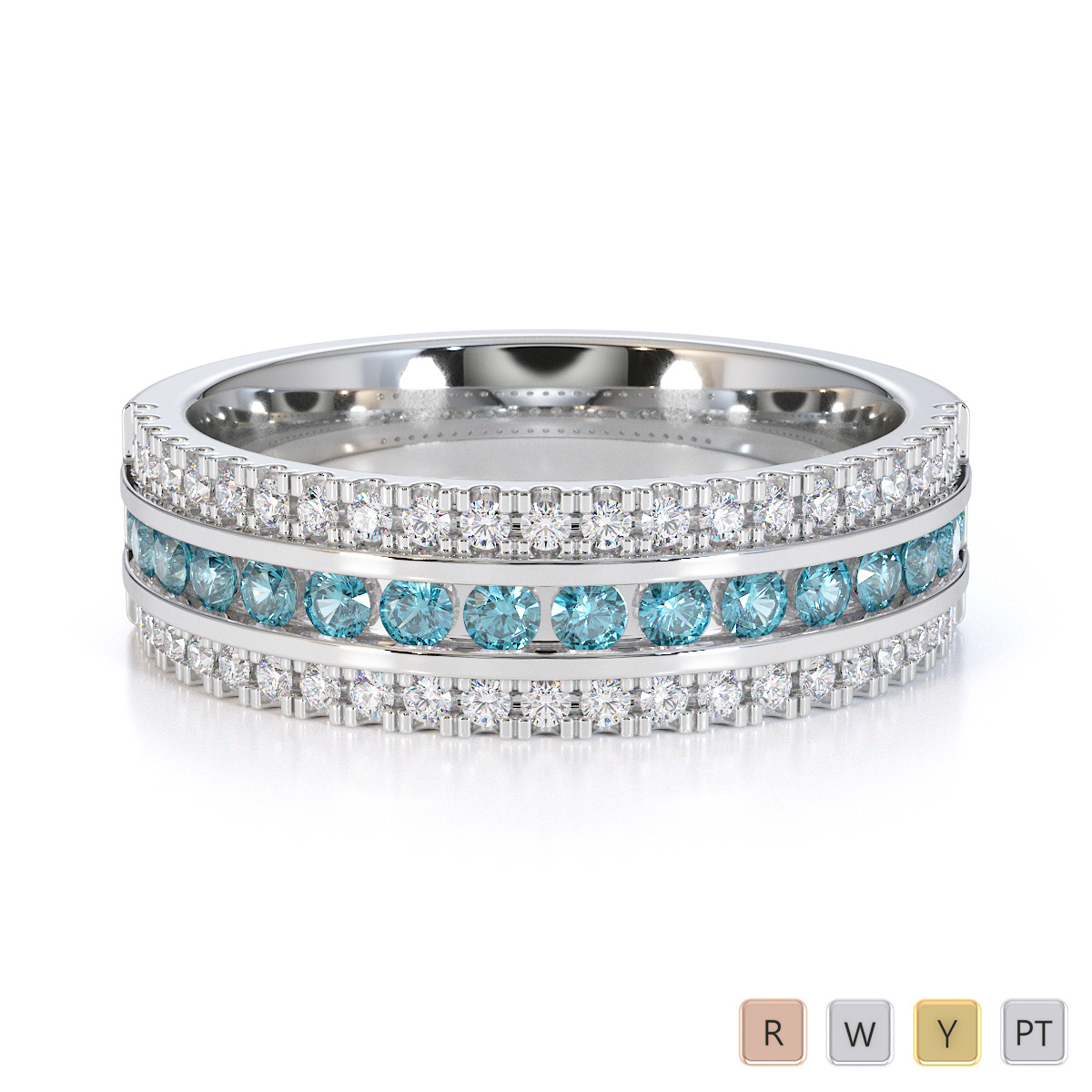 Three Row Channel Set Aquamarine and Prong Set Diamond Half Eternity Ring 0451