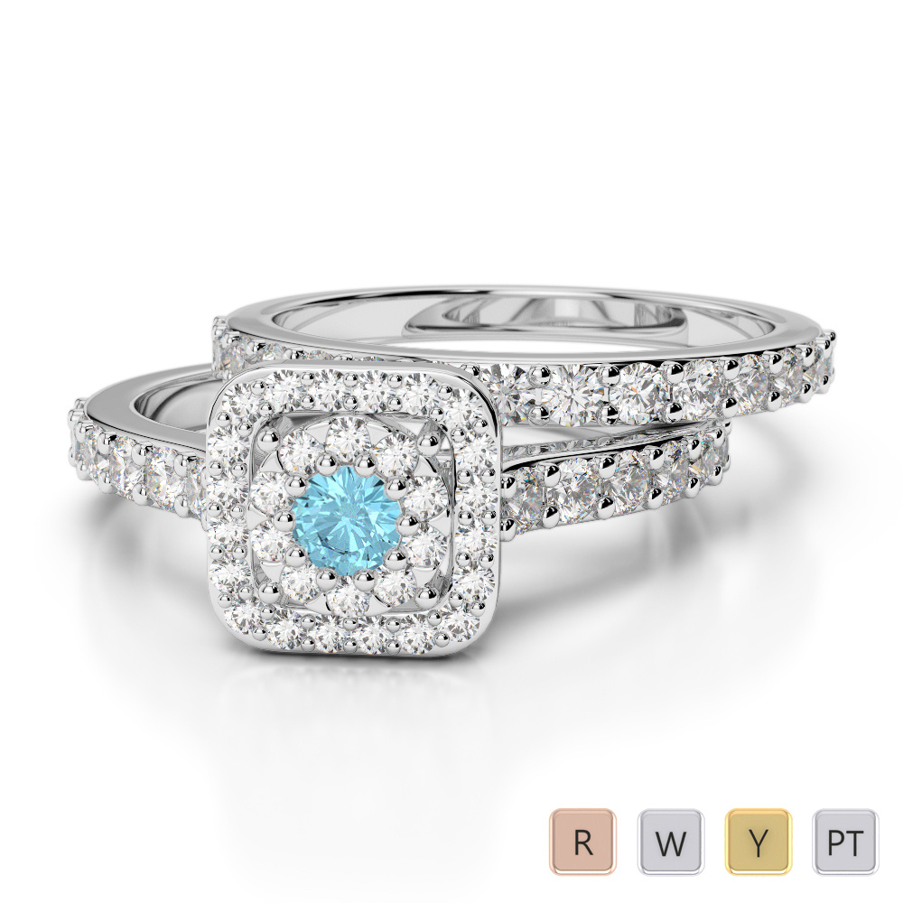 Round Cut Aquamarine and Diamond Bridal Set Ring 0322