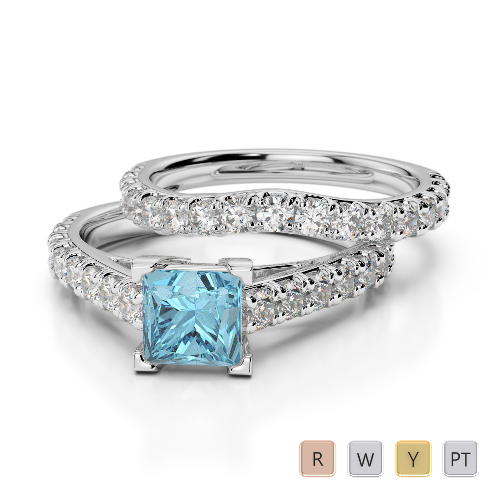 Princess Cut Aquamarine & Round Diamond Bridal Set Ring 0327