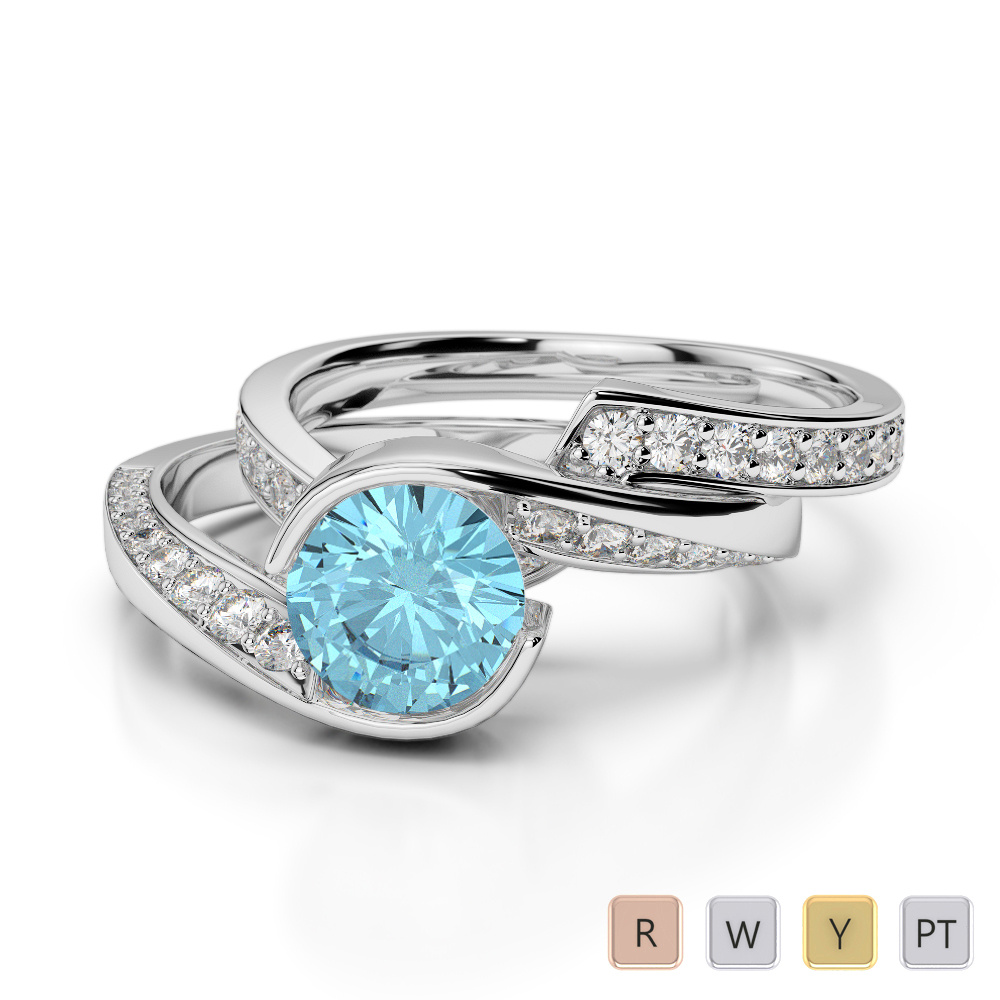 Bezel Set Aquamarine and Prong Set Diamond Bridal Set Ring 0333