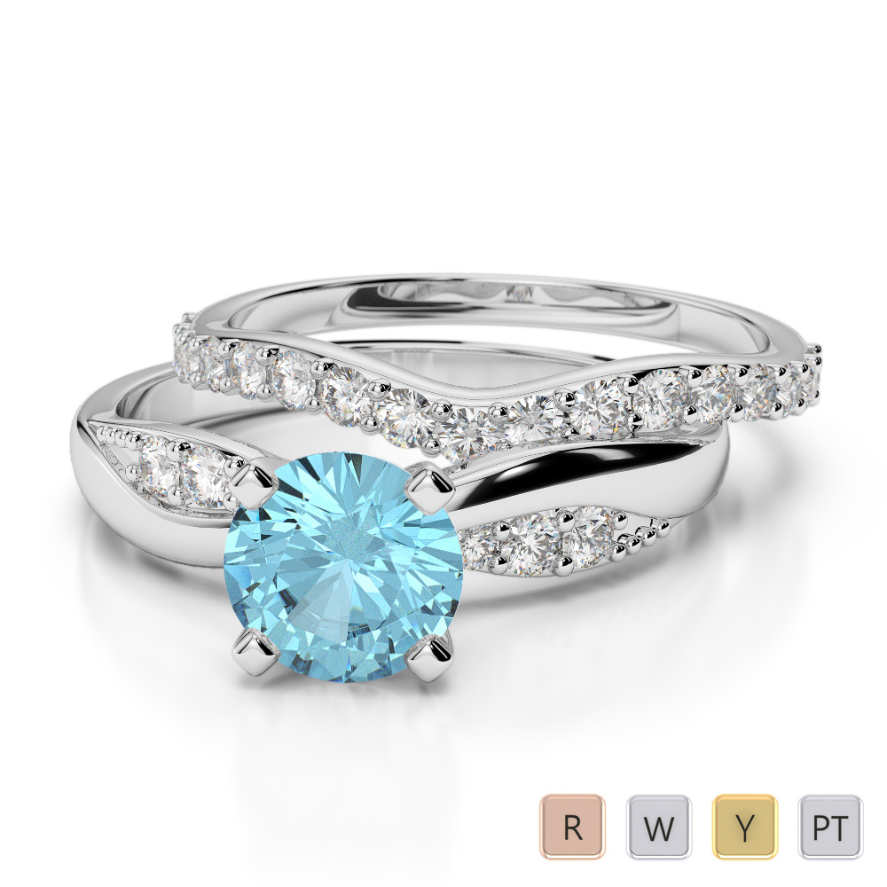 4 Prong Set Aquamarine & Diamond Bridal Set Ring 0335