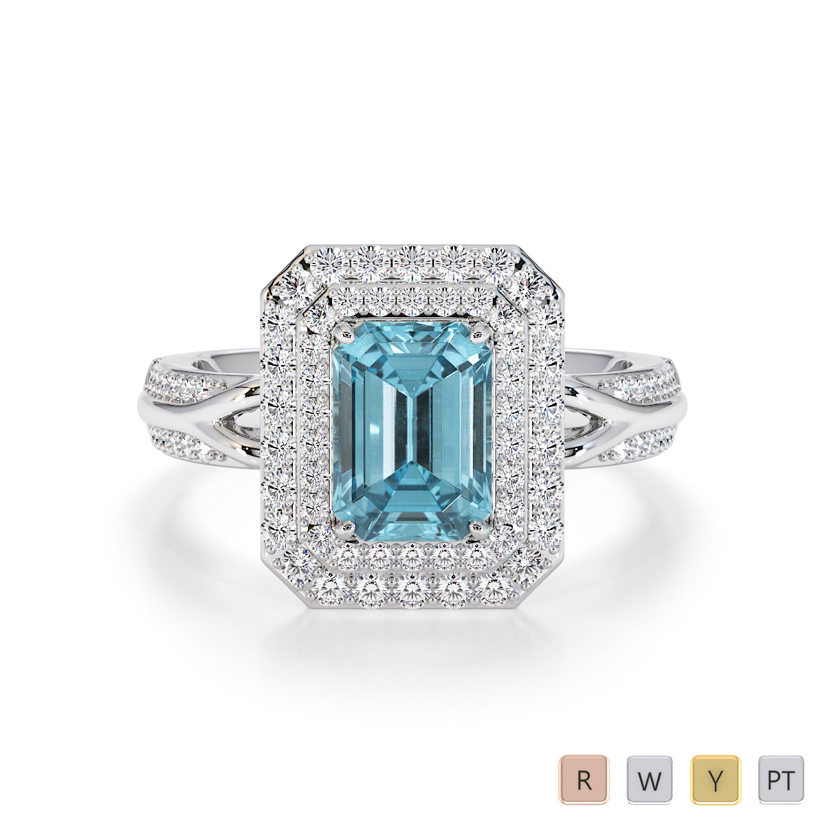 Emerald Cut Aquamarine and Diamond Engagement Ring 0779