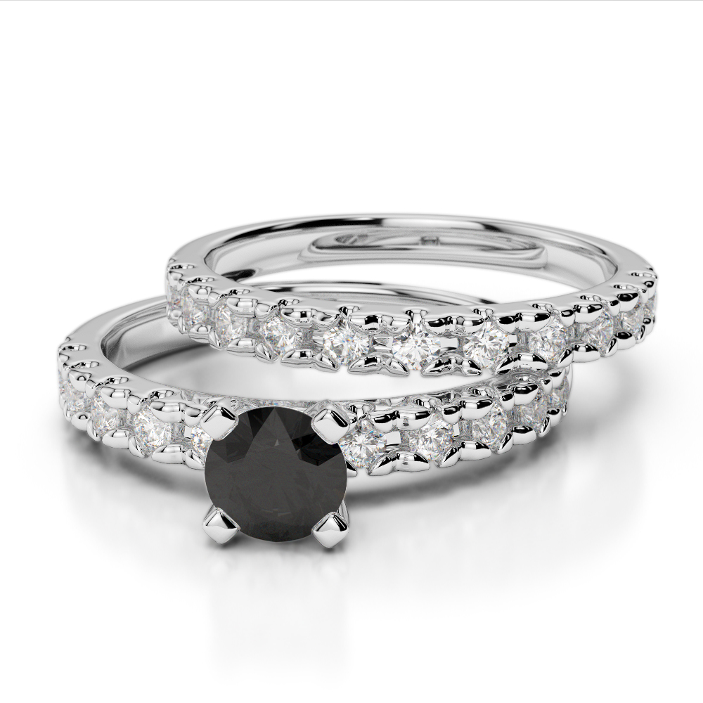 Round Cut Bridal Set Ring With Black Diamond in Gold / Platinum ATZR-0299
