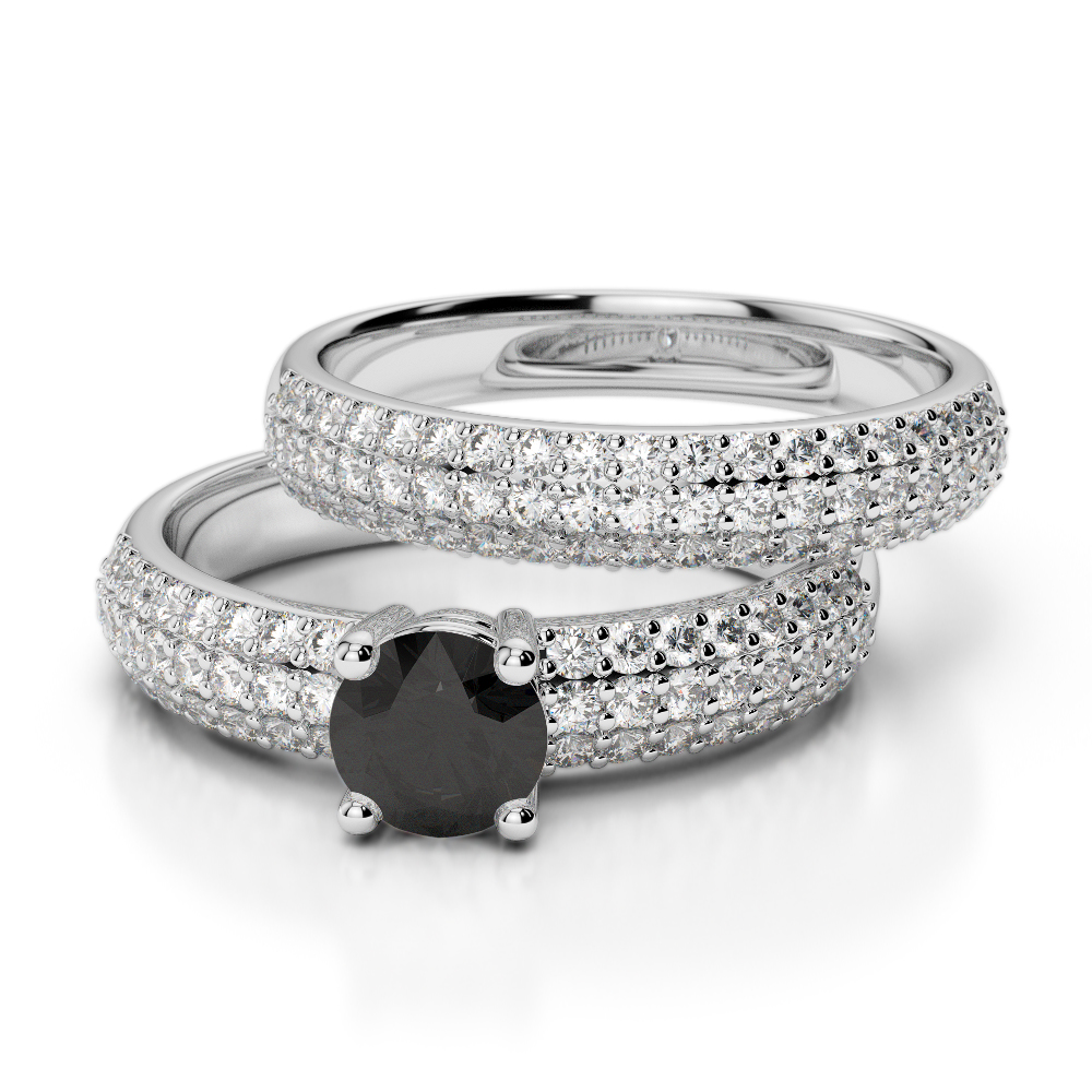 Triple Row Round Cut Black Diamond Bridal Set Ring in Gold / Platinum ATZR-0307