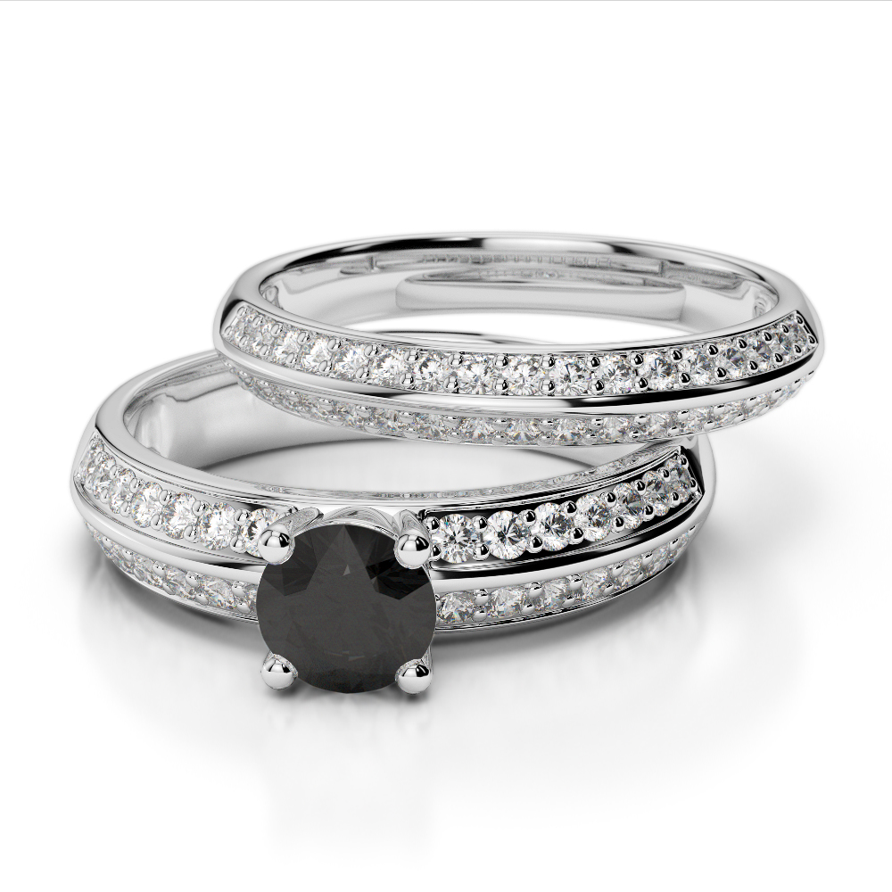 Round Cut Bridal Set Ring With Black Diamond in Gold / Platinum ATZR-0311