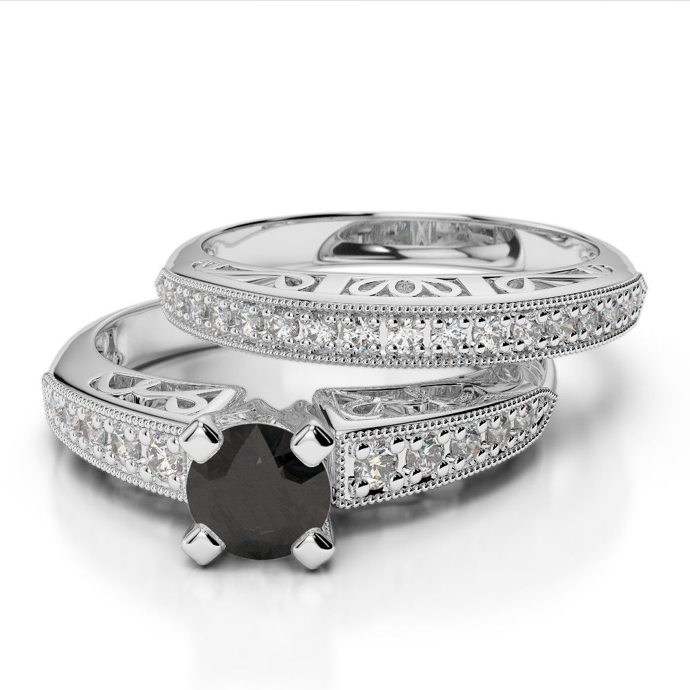 Milgrain Prong Set Black Diamond Bridal Set Ring 0315