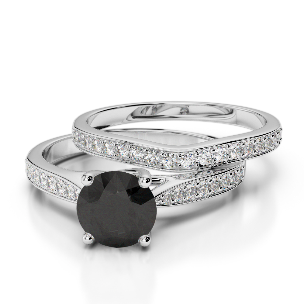 Round Cut Bridal Set Ring With Black Diamond in Gold / Platinum ATZR-0350