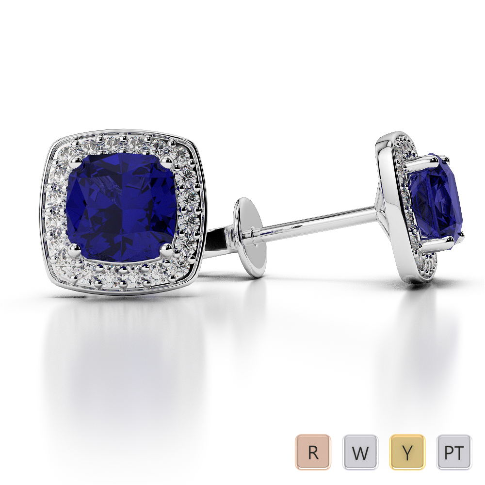 Cushion Shape Blue Sapphire and Diamond Earrings in Gold / Platinum ATZER-0466