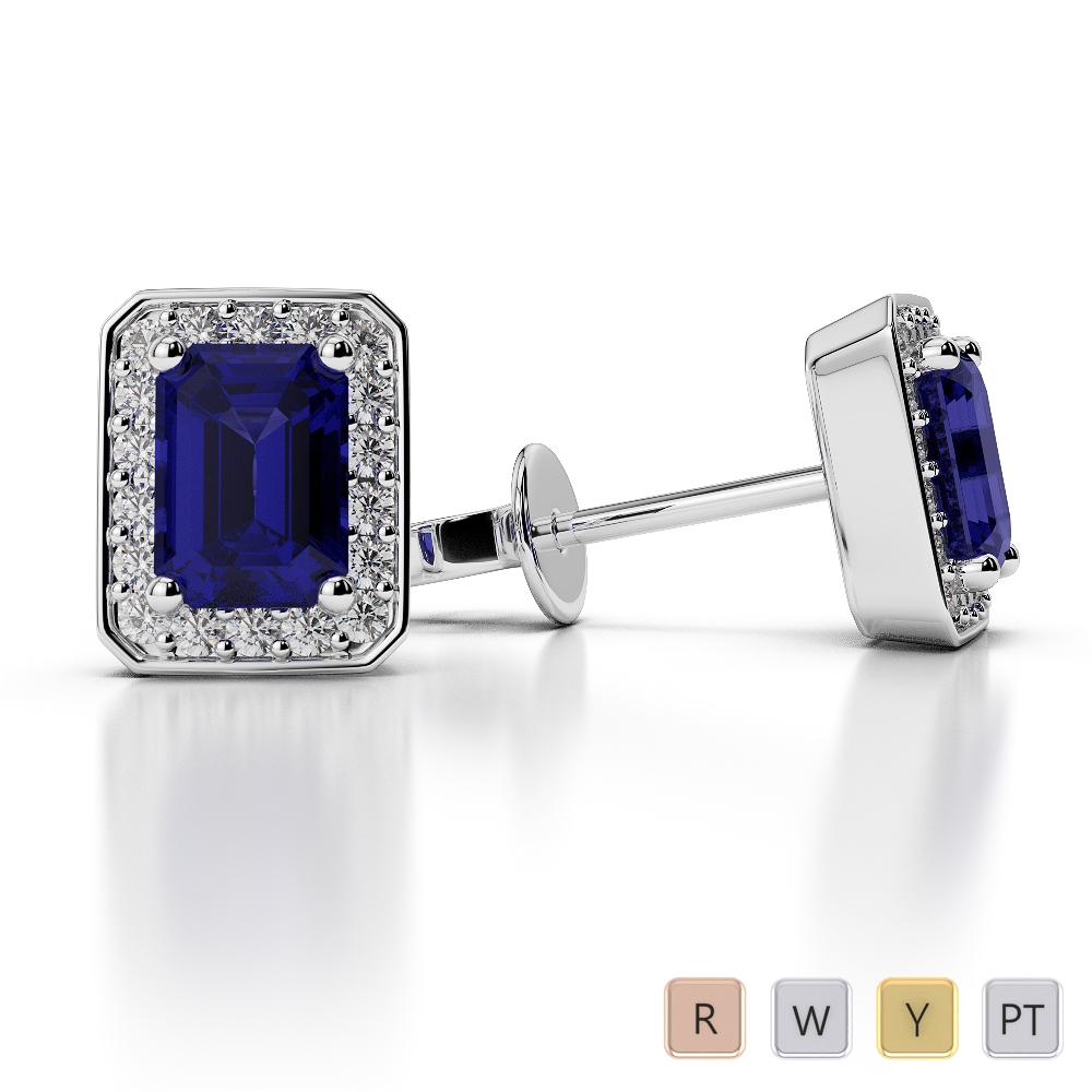 Blue Sapphire Earrings With Round Cut Diamond in Gold / Platinum ATZER-0468