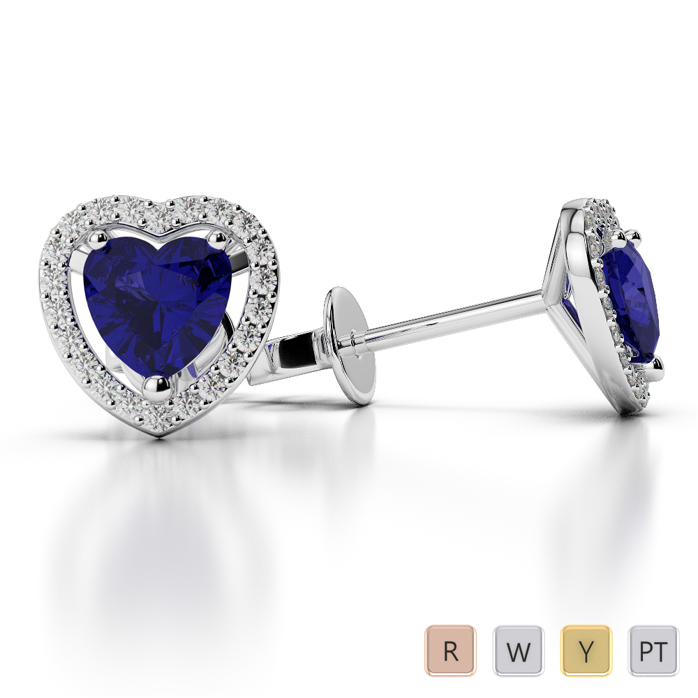 Heart Shape Earrings With Blue Sapphire & Diamond in Gold / Platinum ATZER-0471