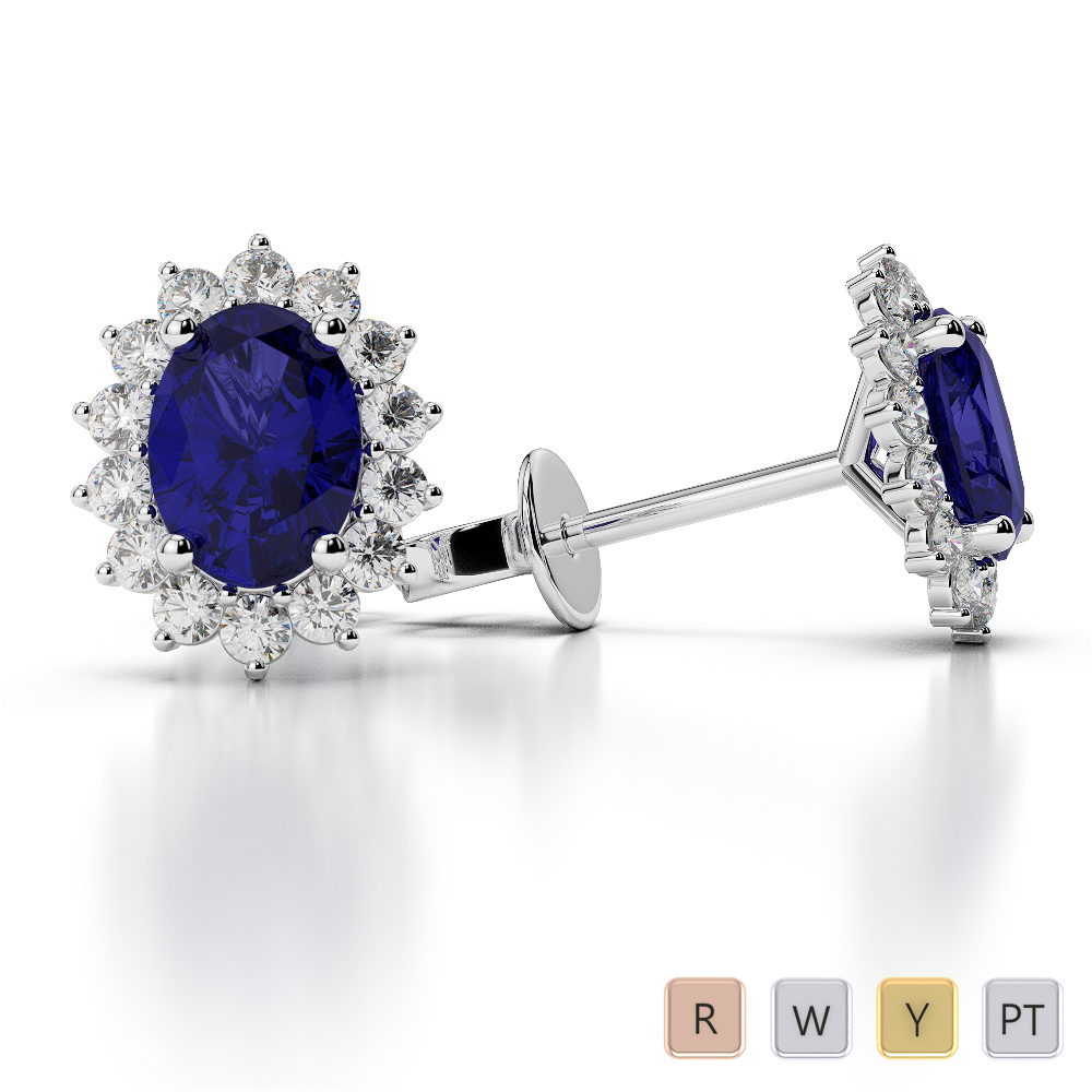 Oval Shape Blue Sapphire and Diamond Earrings in Gold / Platinum ATZER-0476
