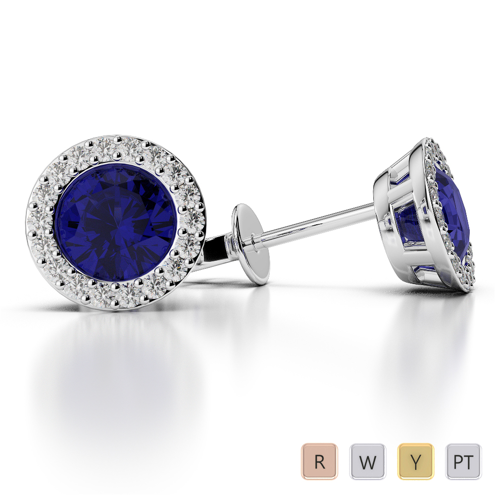 Round Shape Blue Sapphire and Diamond Earrings in Gold / Platinum ATZER-0480