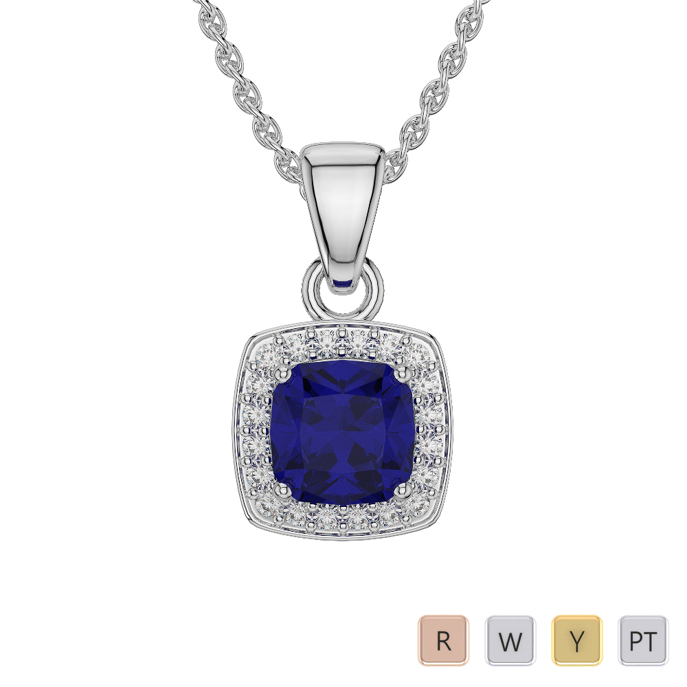 Cushion Shape Blue Sapphire and Diamond Necklaces in Gold / Platinum ATZNK-0559