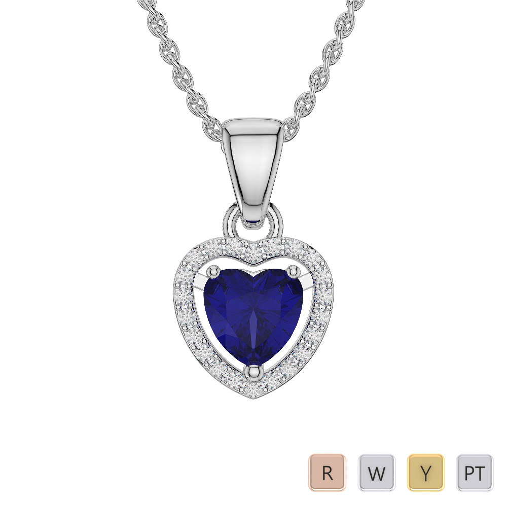 Heart Shape Necklaces With Blue Sapphire & Diamond in Gold / Platinum ATZNK-0564