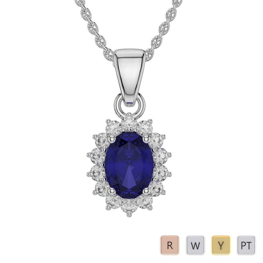 Oval Shape Blue Sapphire and Diamond Necklaces in Gold / Platinum ATZNK-0569