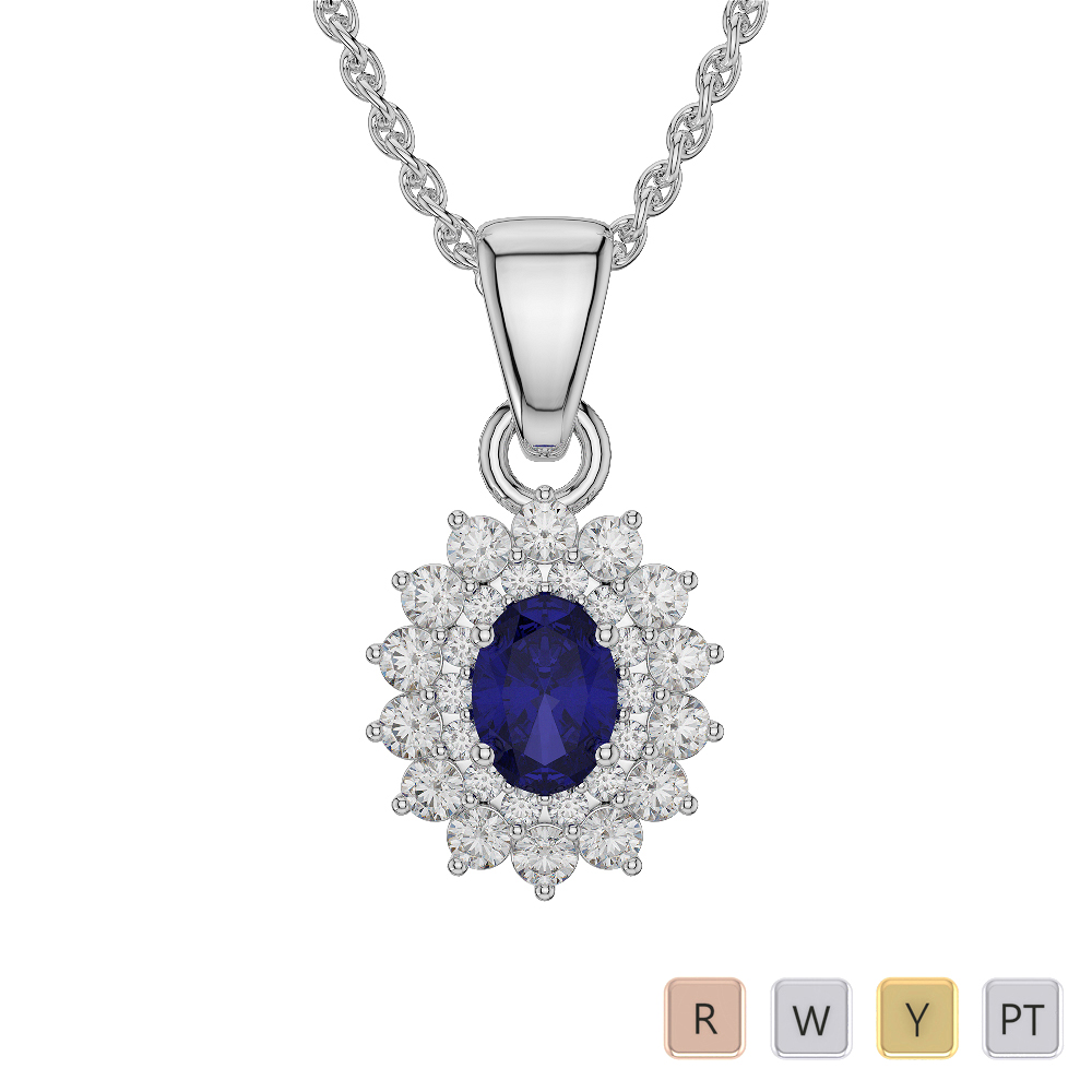 Blue Sapphire Necklaces With Round Cut Diamond in Gold / Platinum ATZNK-0571