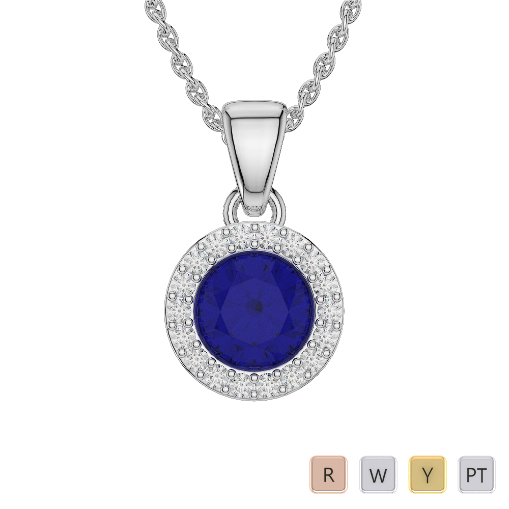 Round Shape Blue Sapphire and Diamond Necklaces in Gold / Platinum ATZNK-0573