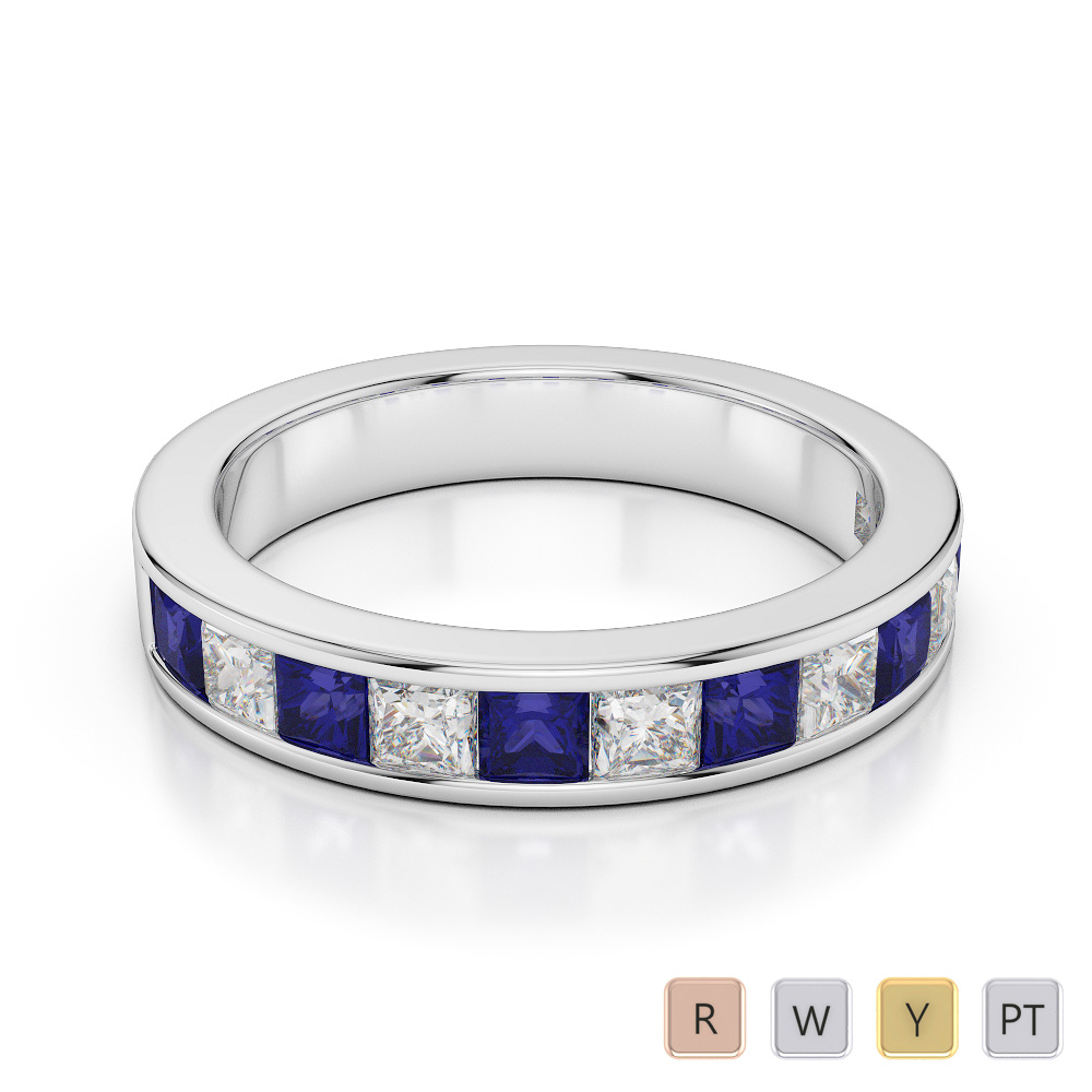 4 MM Princess Cut Blue Sapphire Half Eternity Ring With Diamond 0415