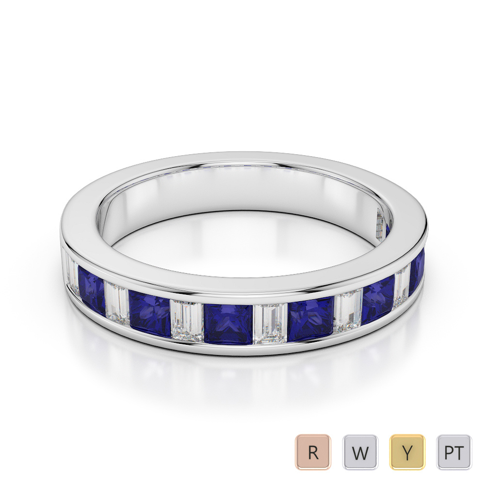 4 MM Princess Blue Sapphire & Baguette Cut Diamond Half Eternity Ring 0421