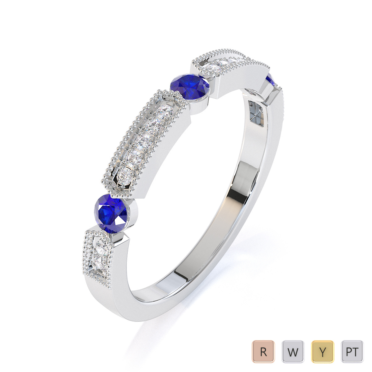 Milgrain Round Cut Diamond and Blue Sapphire Half Eternity Ring 0425
