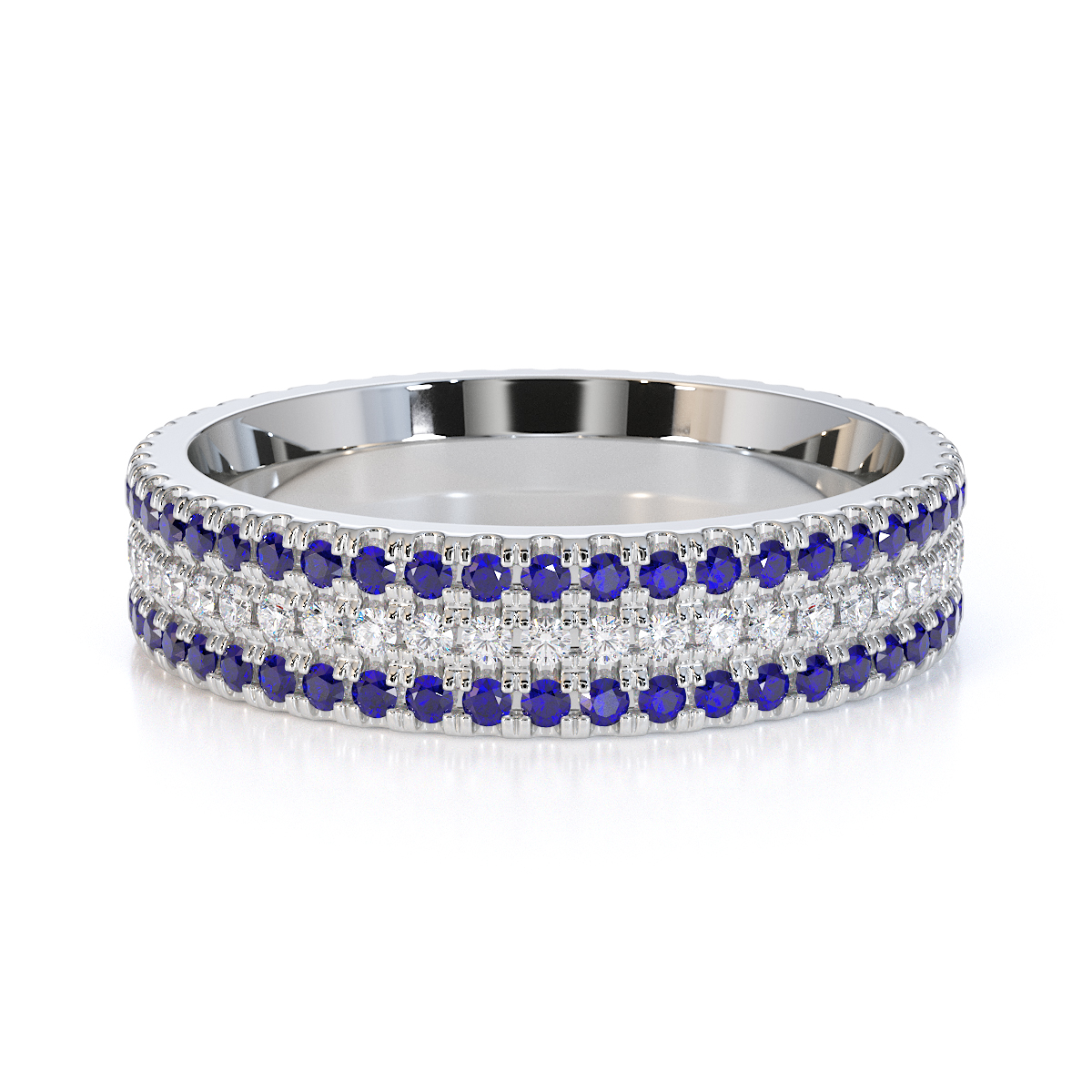 Three Row Round Cut Blue Sapphire and Diamond Full Eternity Ring in Gold / Platinum ATZR-0442