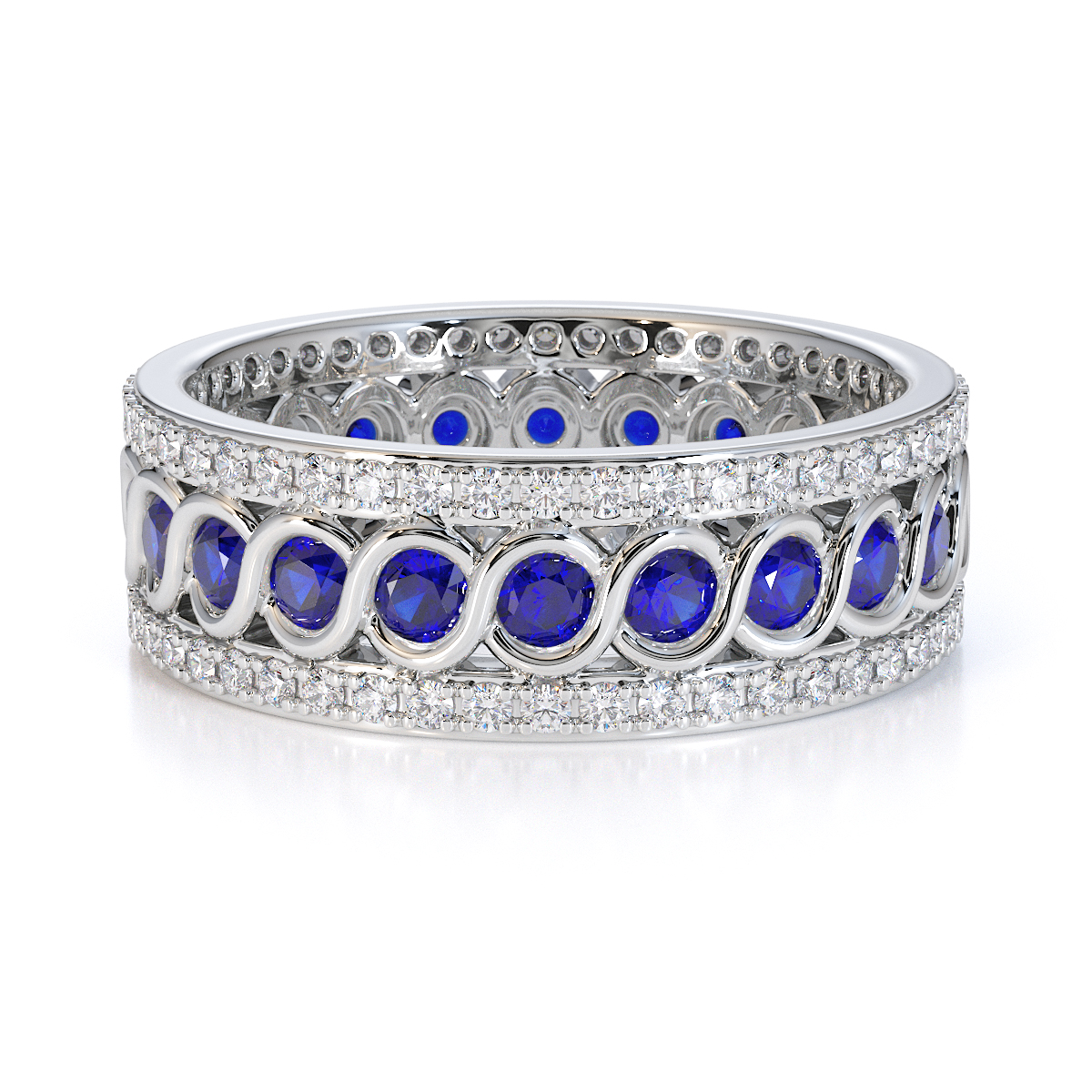 Bezel Set Blue Sapphire and Prong Set Diamond Full Eternity Ring in Gold / Platinum ATZR-0448