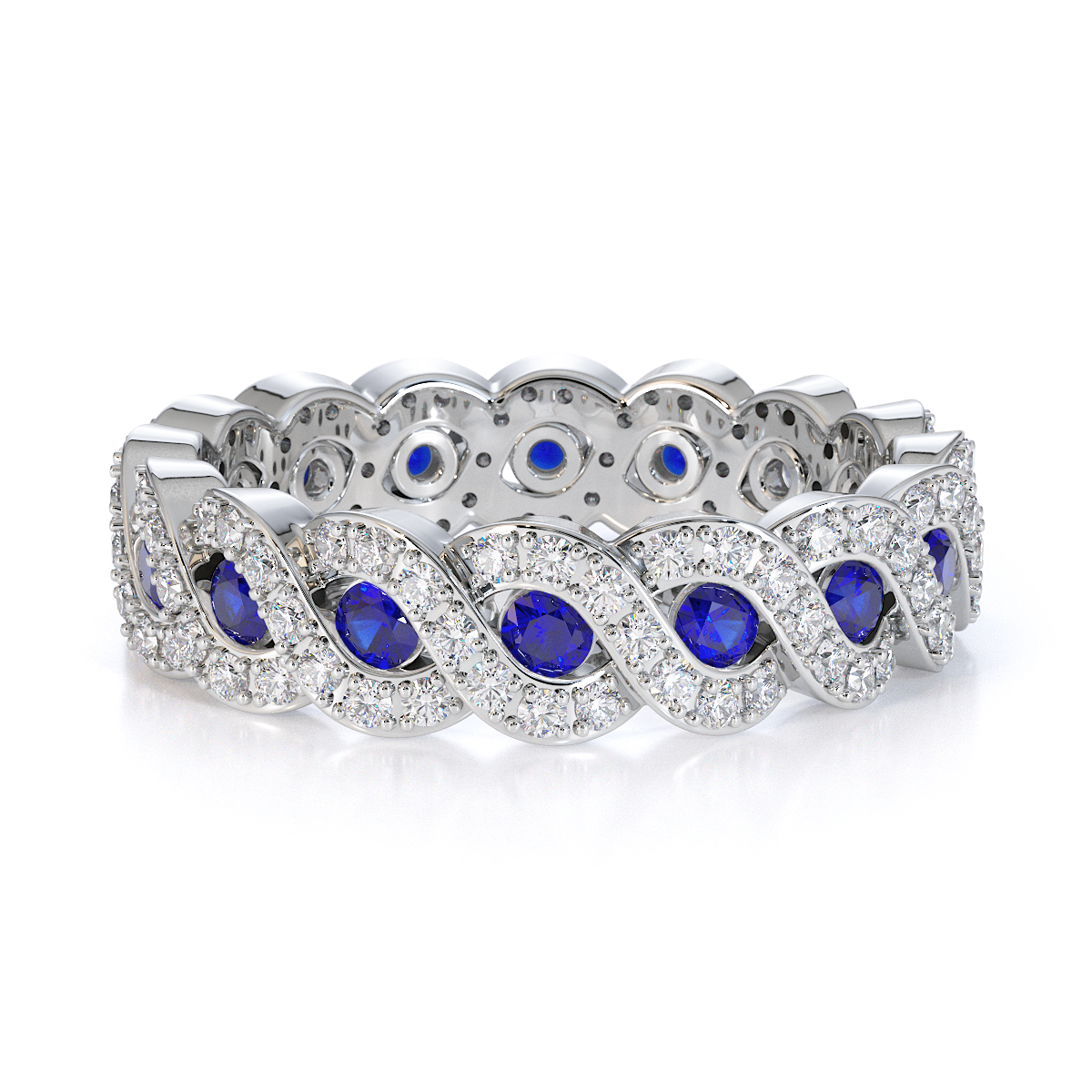 Channel Set Blue Sapphire & Prong Set Diamond Full Eternity Ring in Gold / Platinum ATZR-0456