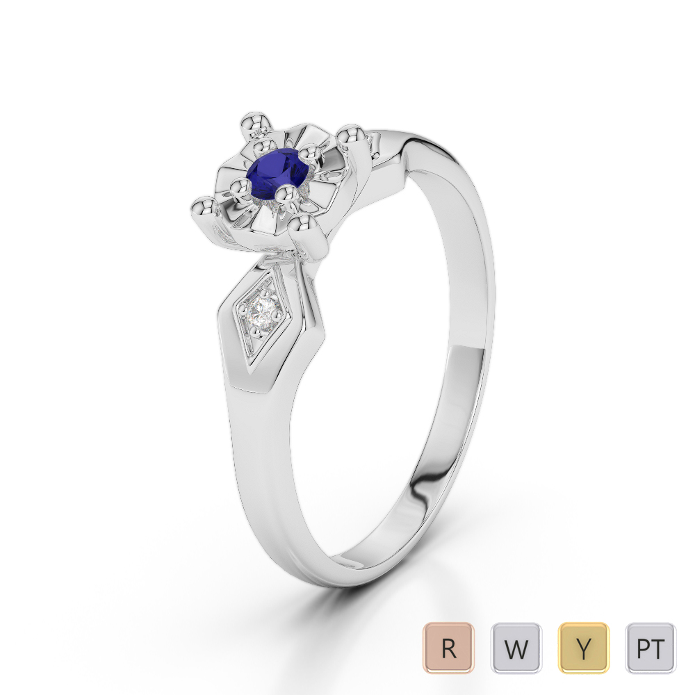 Three Stone Diamond and Blue Sapphire Engagement Ring in Gold / Platinum ATZR-0231