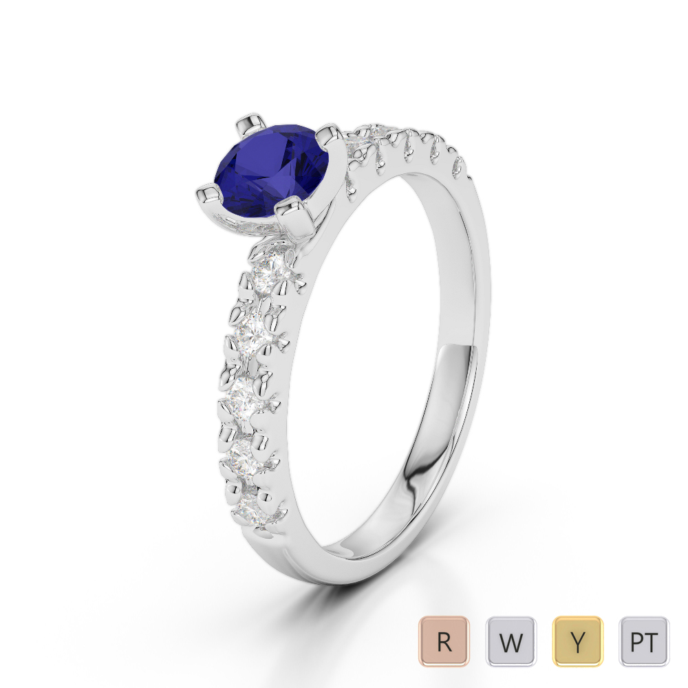 Claw Set Diamond Engagement Ring With Blue Sapphire in Gold / Platinum ATZR-0233