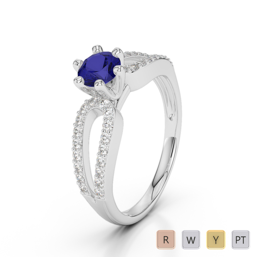 Six Prong Set Blue Sapphire and Diamond Engagement Ring in Gold / Platinum ATZR-0237