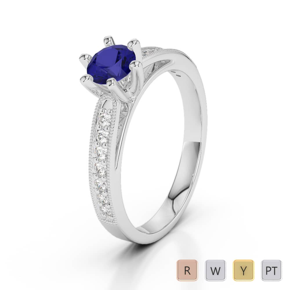 Milgrain Round Cut Blue Sapphire & Diamond Engagement Ring in Gold / Platinum ATZR-0243