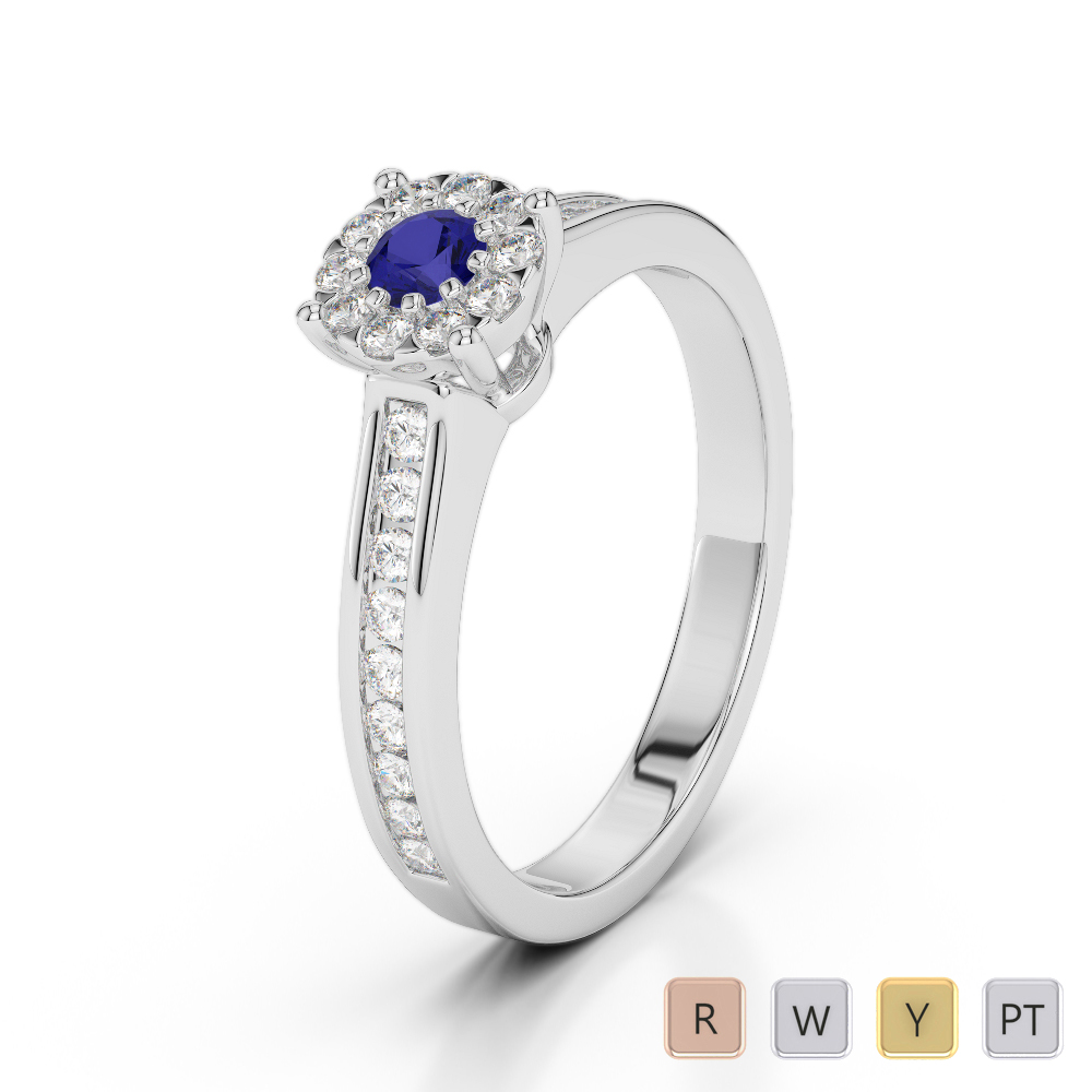 Round Cut Diamond & Blue Sapphire Engagement Ring in Gold / Platinum ATZR-0252