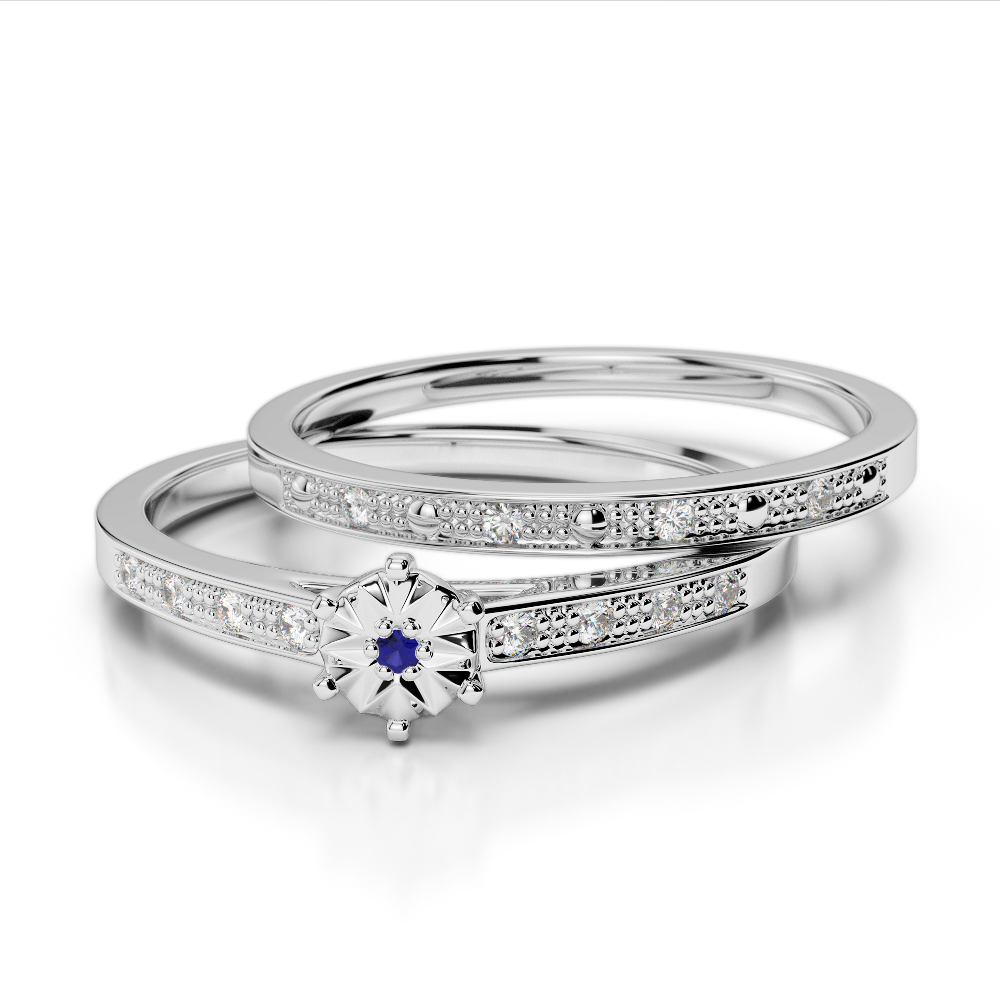 Round Cut Diamond and Blue Sapphire Bridal Set Ring in Gold / Platinum ATZR-0295