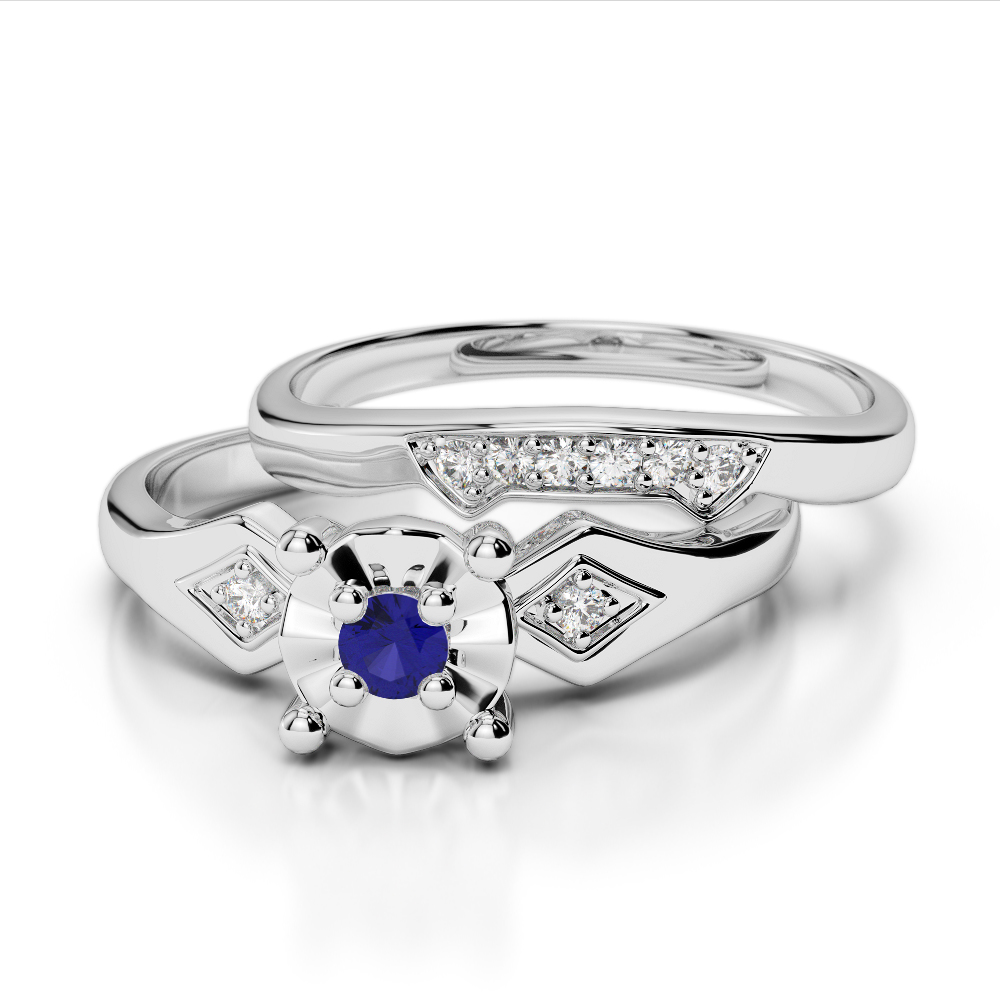 9 Stone Round Cut Blue Sapphire and Diamond Bridal Set Ring in Gold / Platinum ATZR-0297