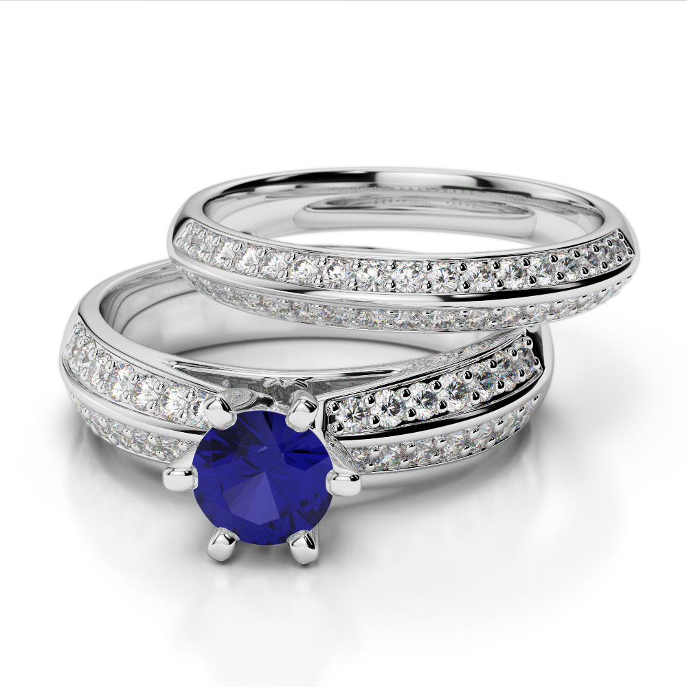 Round Cut Blue Sapphire Bridal Set Ring With Diamond 0302
