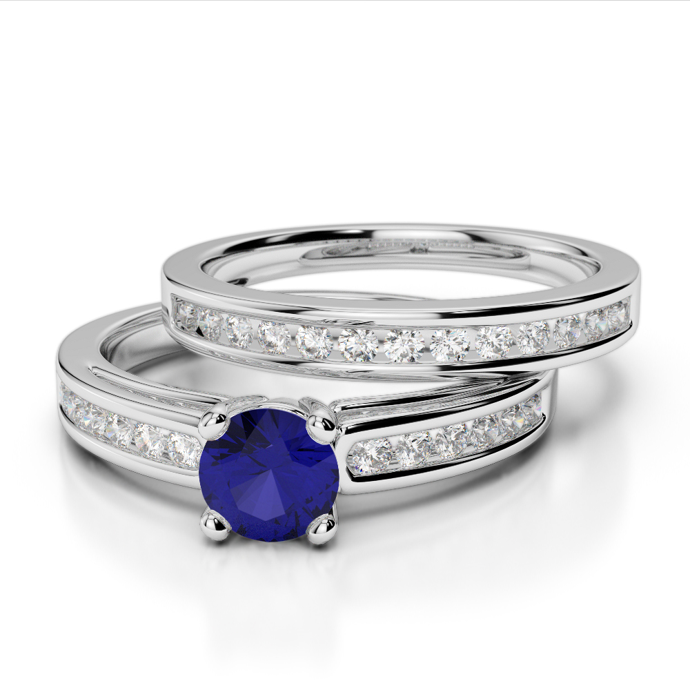 Channel Set Diamond & Prong Set Blue Sapphire Bridal Set Ring in Gold / Platinum ATZR-0314
