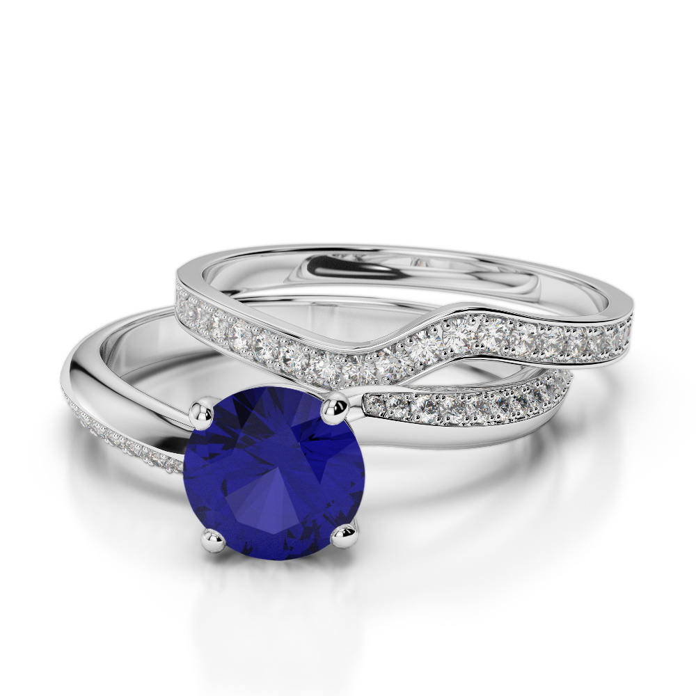 Four Prong Set Blue Sapphire & Diamond Bridal Set Ring 0332