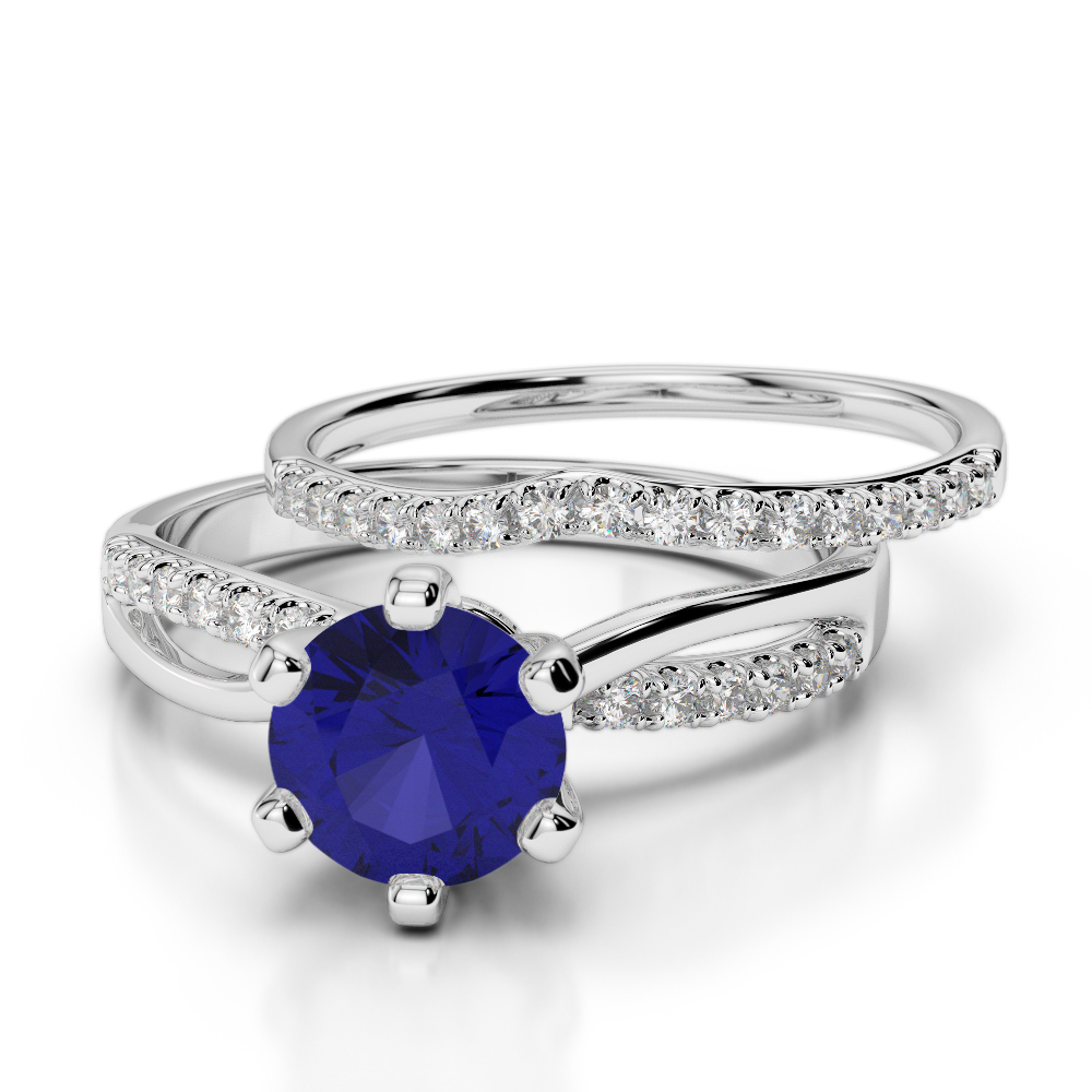 Scallop Set Blue Sapphire and Diamond Bridal Set Ring in Gold / Platinum ATZR-0334