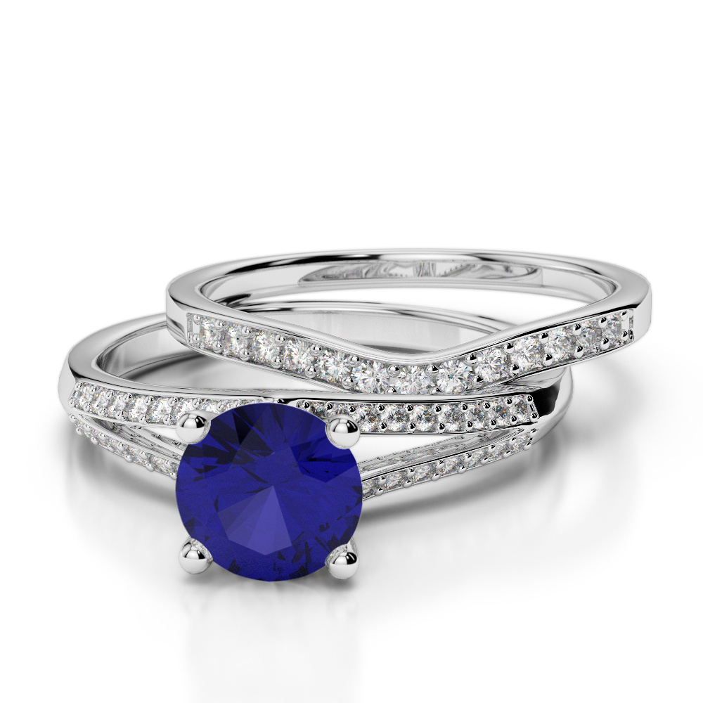 Four Claw Set Blue Sapphire Bridal Set Ring With Diamond 0342