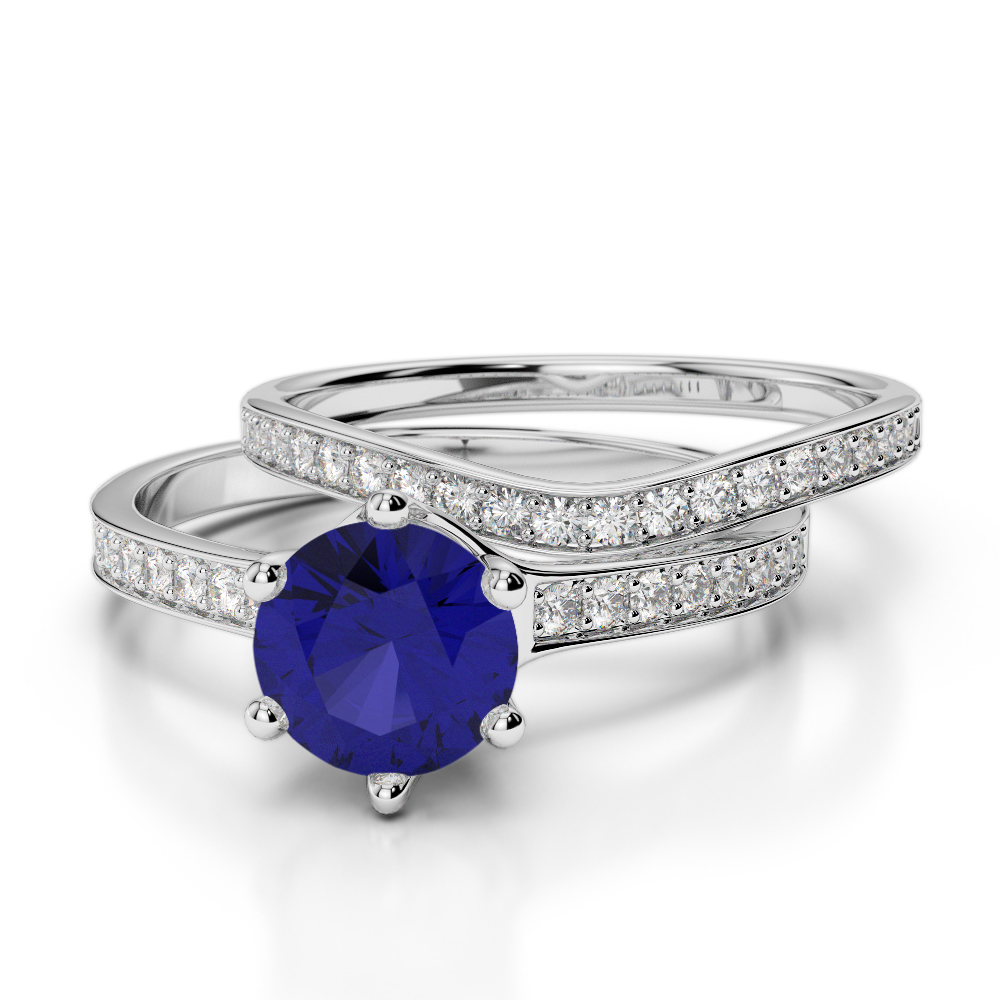 Round Cut Bridal Set Ring With Diamond & Blue Sapphire in Gold / Platinum ATZR-0348