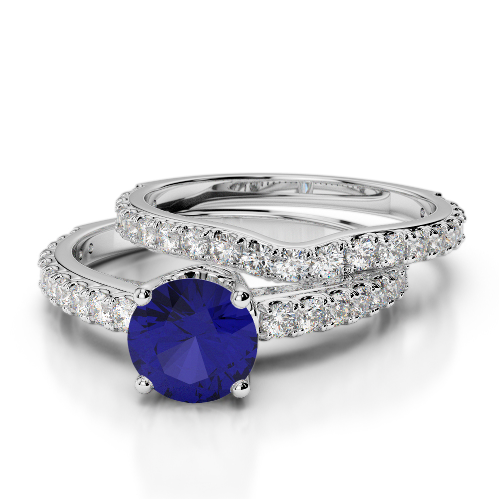 Scallop Set Blue Sapphire Bridal Set Ring With Diamond in Gold / Platinum ATZR-0351